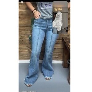 OAT New York Womens Wide‎ Leg High Rise Patch Pocket Jeans Medium Wash Raw Hem